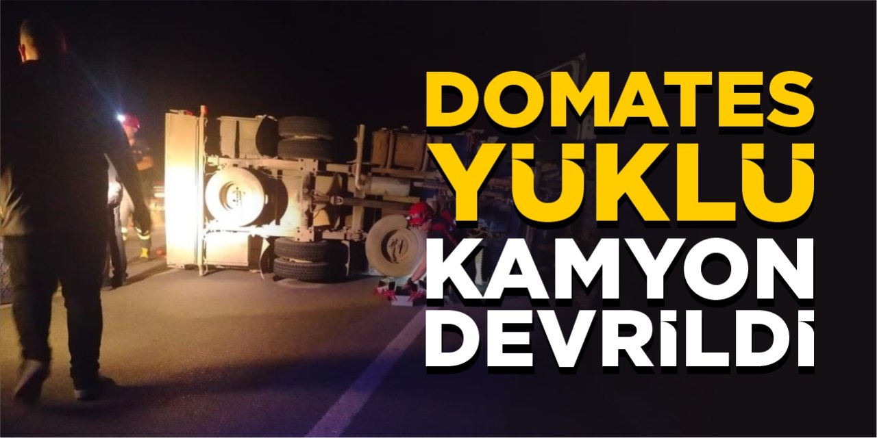 Domates yüklü kamyon devrildi