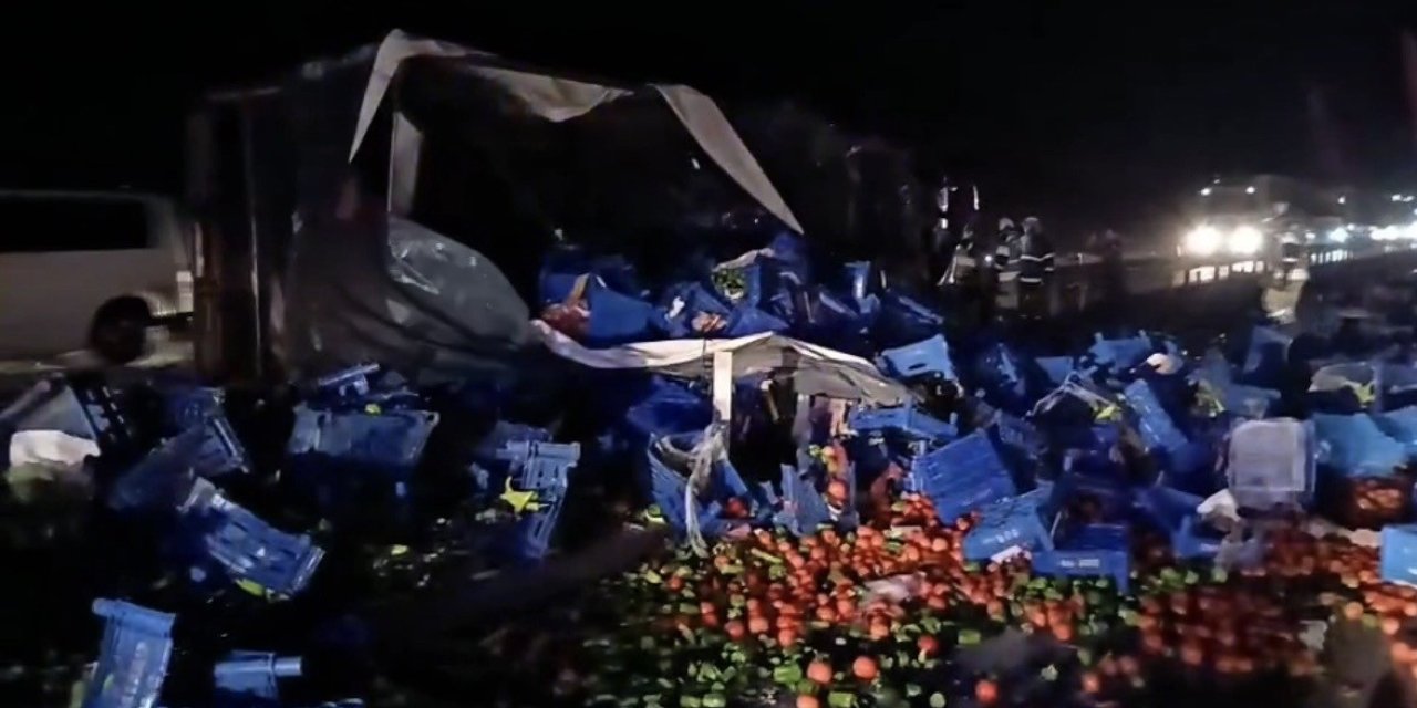 Meyve Yüklü Tır Devrildi