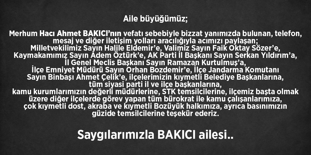 Bakıcı Ailesi/Teşekkür İlanı