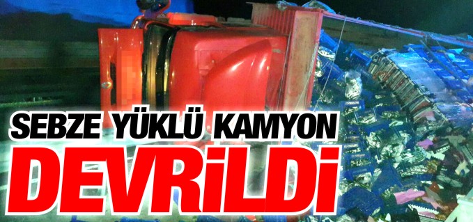 SEBZE YÜKLÜ KAMYON DEVRİLDİ