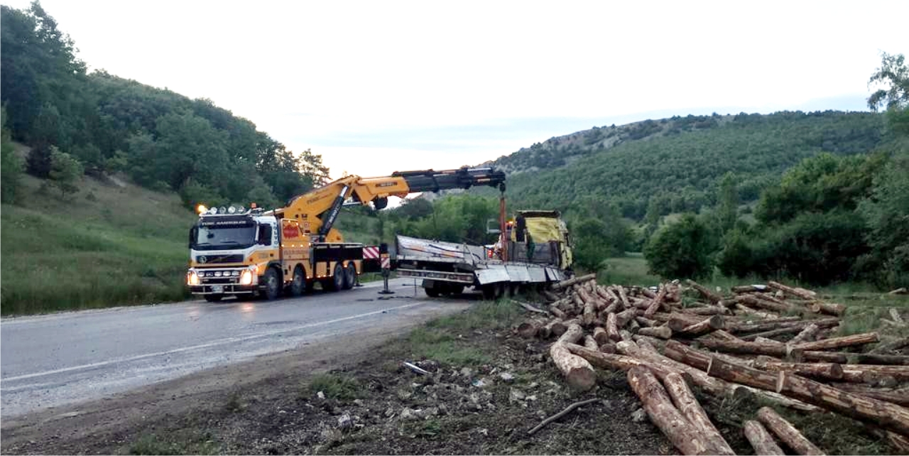 Tomruk Yüklü Tır Devrildi