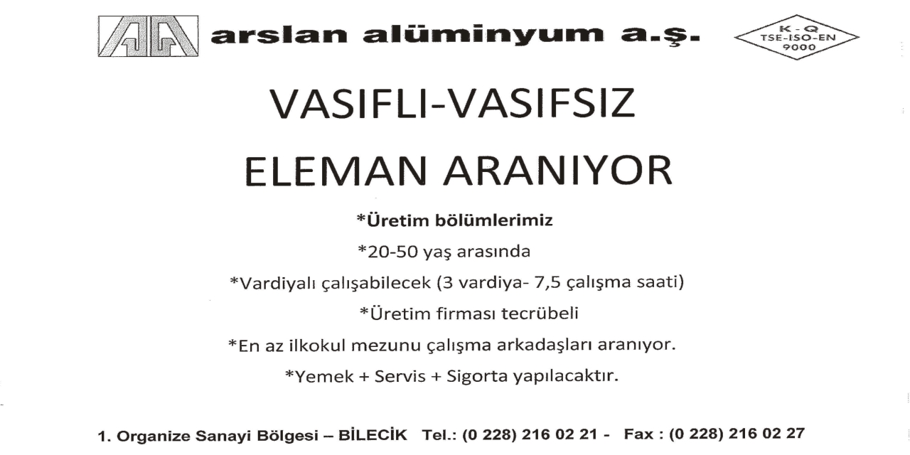 ARSLAN ALÜMİNYUM PERSONEL İLANI