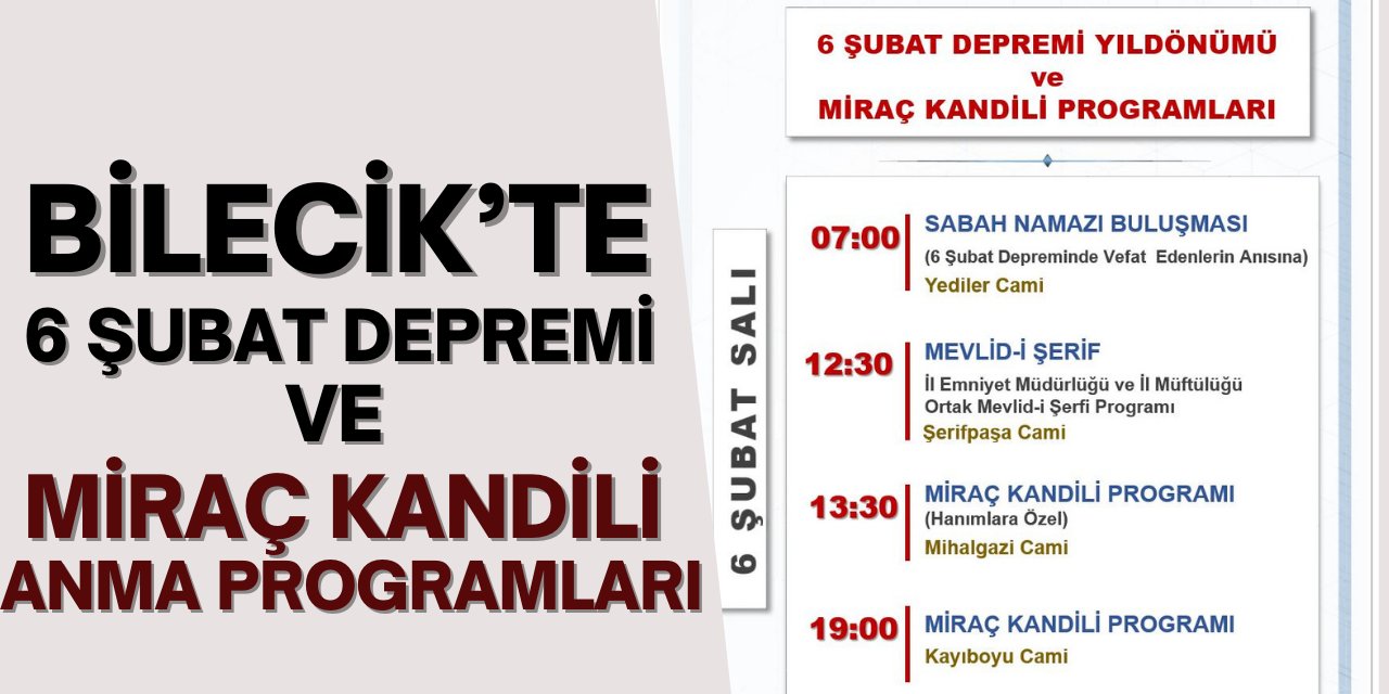 Bilecik'te 6 Şubat Depremi ve Miraç Kandili Anma Programları