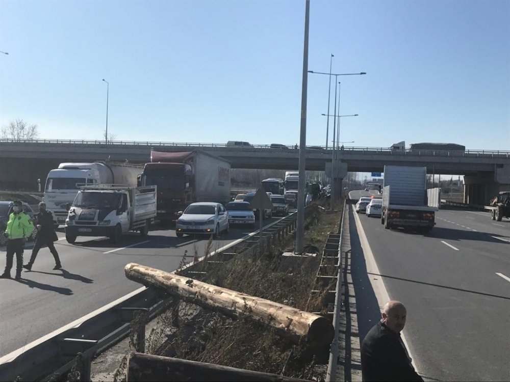 Kontrolden çıkan kamyon devrildi, taşıdığı tomruklar yola savruldu