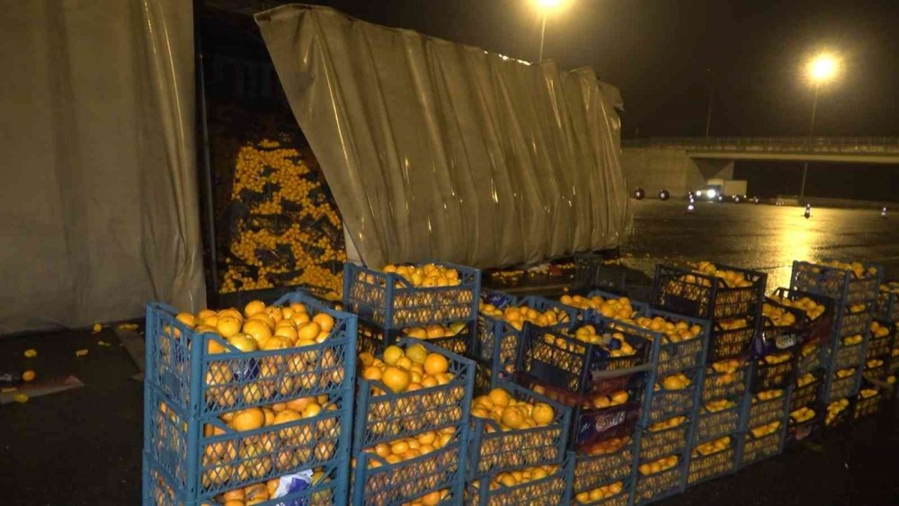 Meyve yüklü tır devrildi