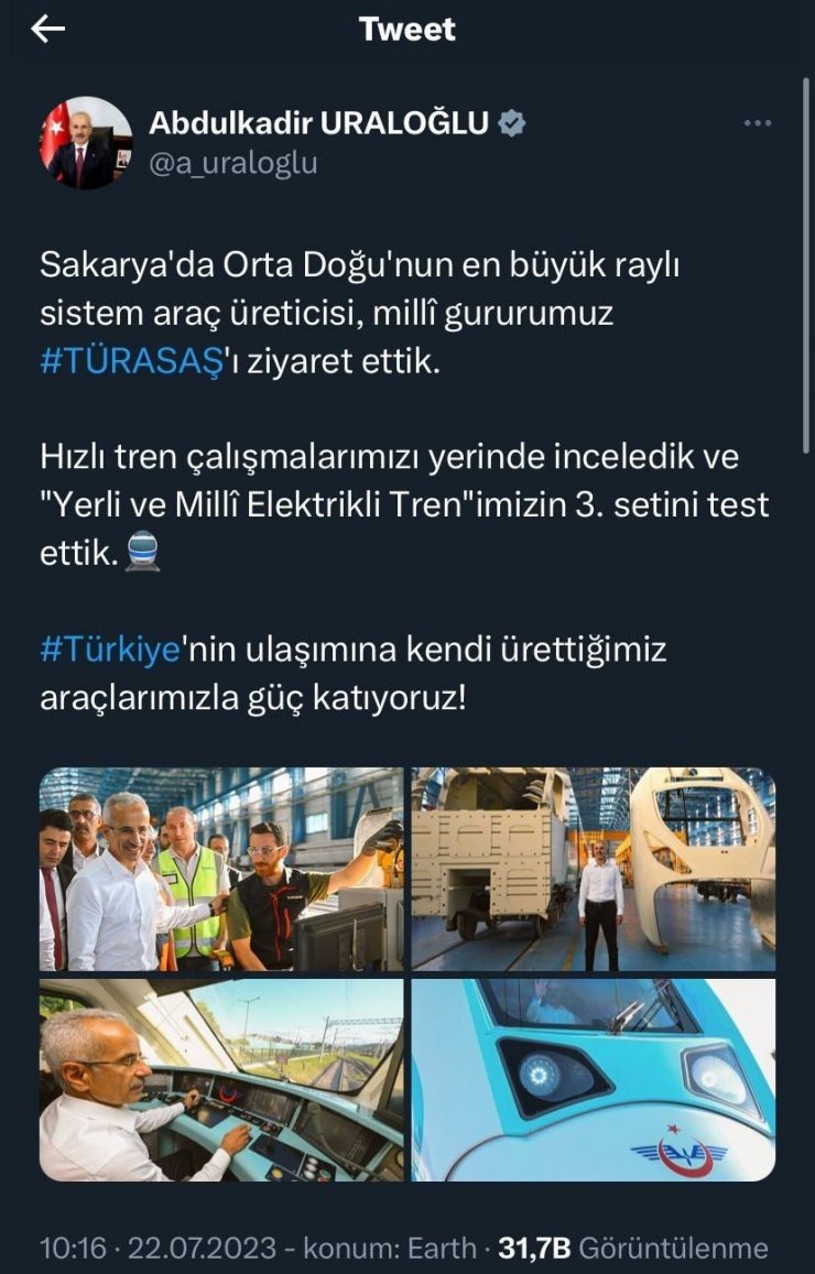 Bakan Uraloğlu, kokpitine geçtiği Milli Elektrikli Tren’i test etti