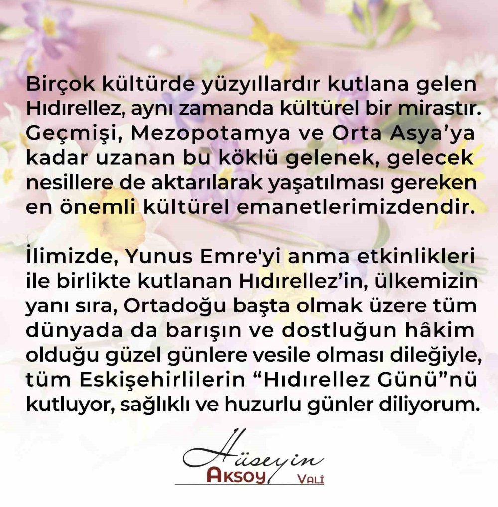 Vali Aksoy’dan "Hıdırellez Günü" Mesajı