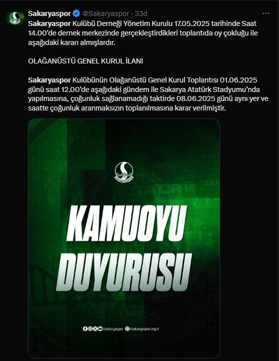 Sakaryaspor’da Olağanüstü Genel Kurul