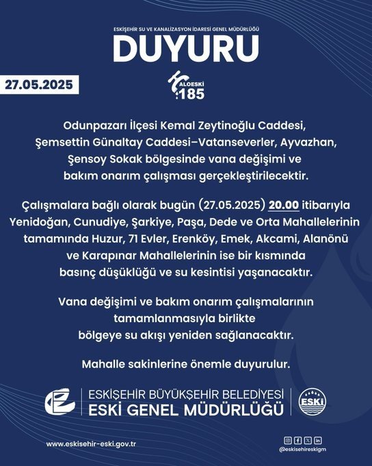 Bakım Onarım Çalışmaları Nedeniyle Çok Sayıda Mahallede Sular Kesilecek