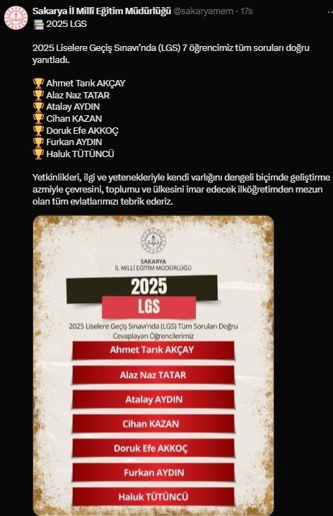 7 Öğrenci 500 Tam Puan Alarak Lgs’de Türkiye Birincisi Oldu