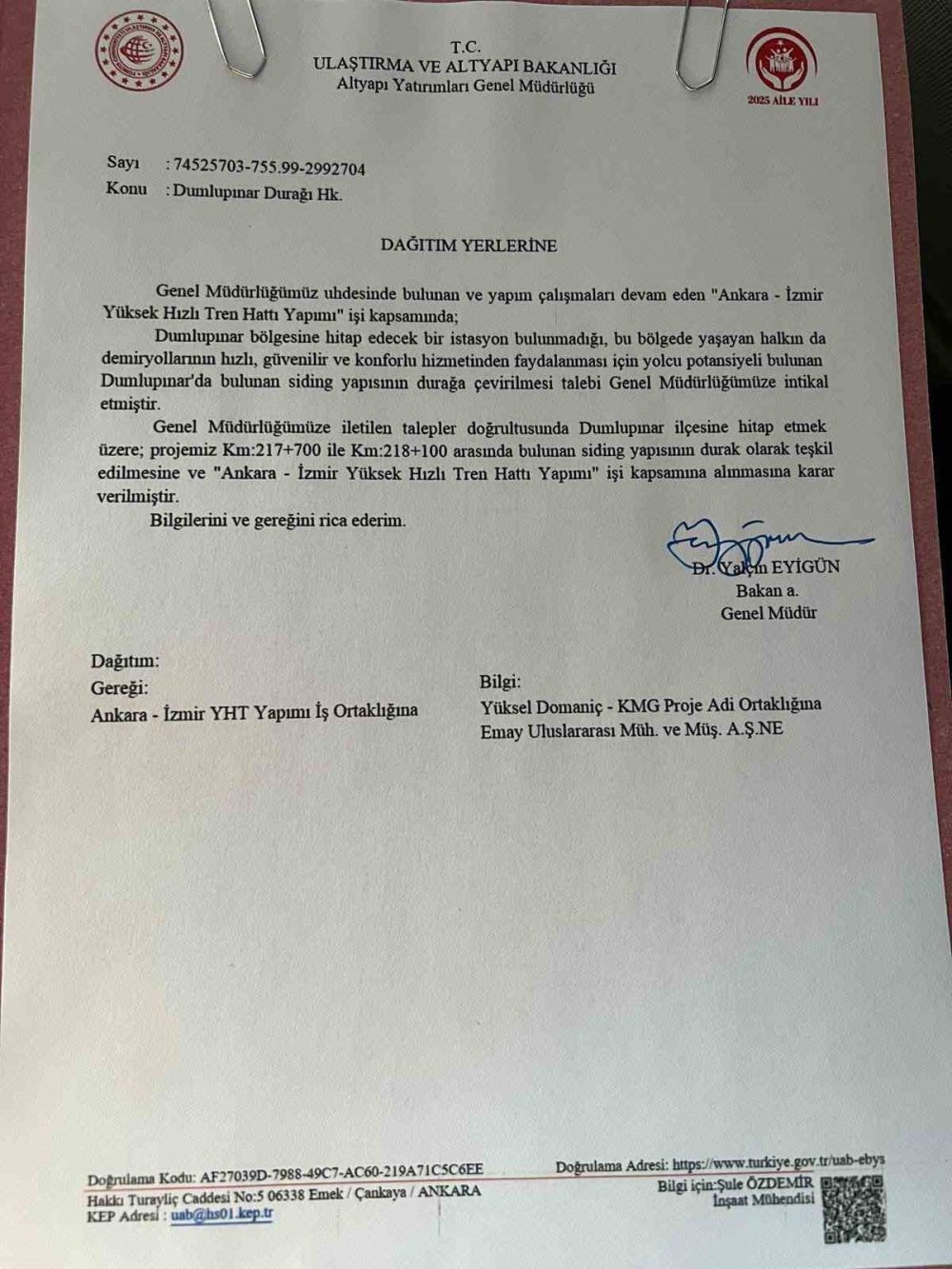 Dumlupınar’a Hızlı Tren Durağı Müjdesi