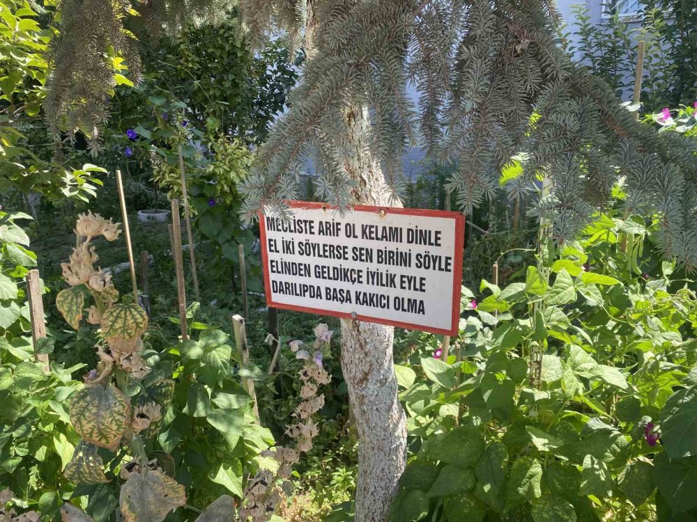 Bayram Amcanın Bahçeye Yerleştirdiği Özlü Sözler Dikkat Çekiyor