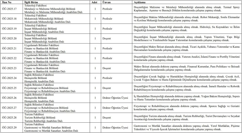 33 Akademik Personel Alınacak