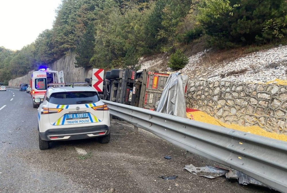 Kontrolden Çıkan Yem Yüklü Tır Devrildi