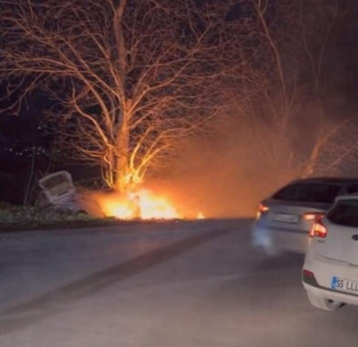 Kontrolden Çıkan Otomobil Önce Ağaca Çarptı Sonra Alev Aldı