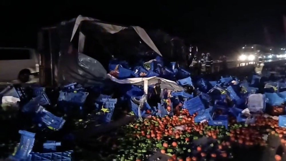 Meyve Yüklü Tır Devrildi